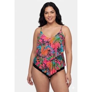 Women's TrimShaper Size 10 Pink Tropical Tiered Ruffle Tankini Top
